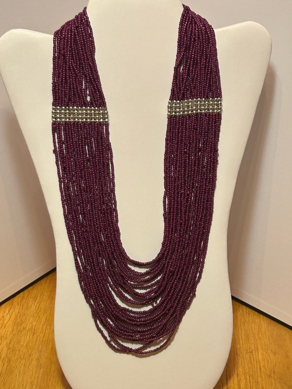Multi-Strand Beaded Necklace in Deep Plum with Silver Accents
